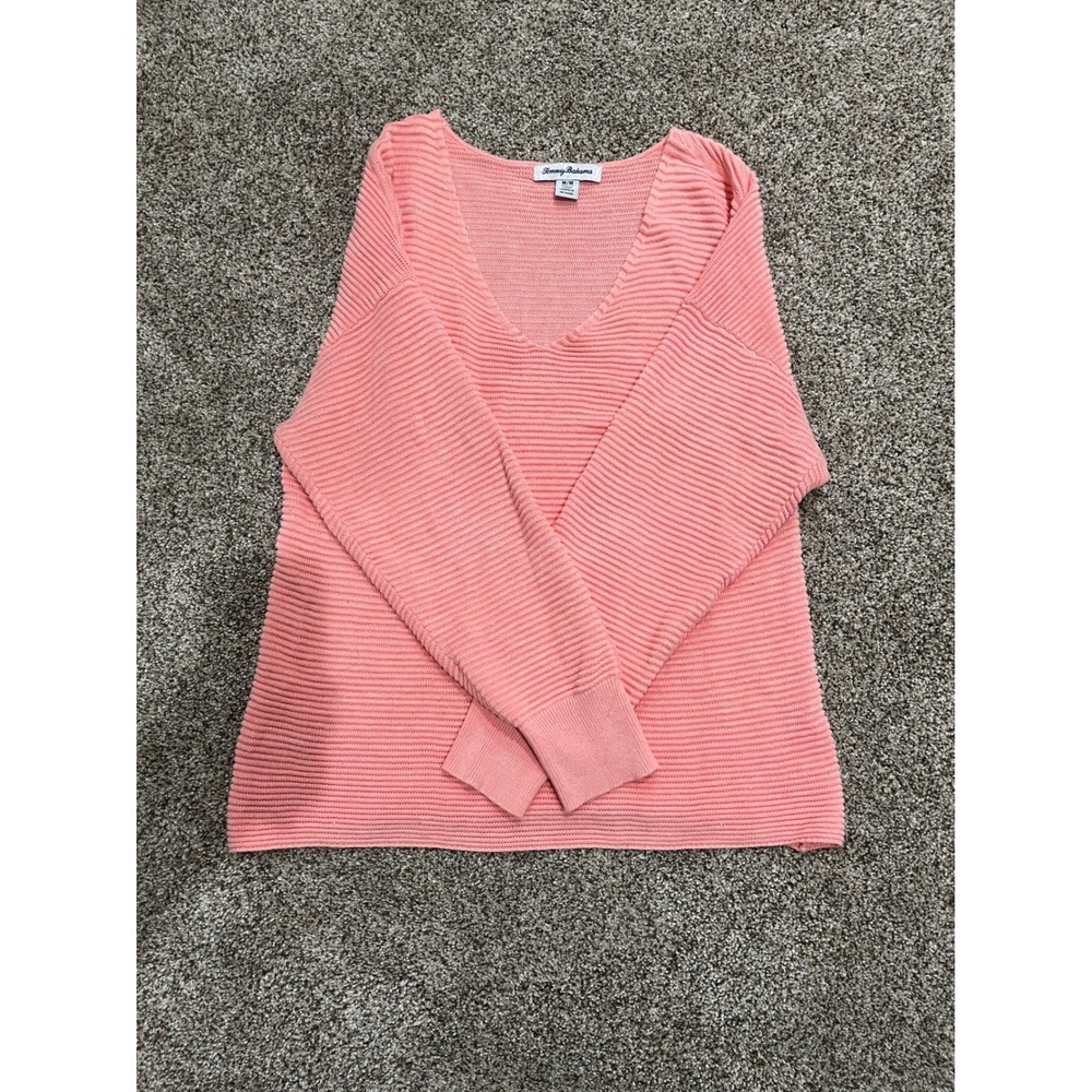 Tommy Bahama Coral Pink Ribbed Sequin V-Neck Sweater Womens Medium Cotton Blend